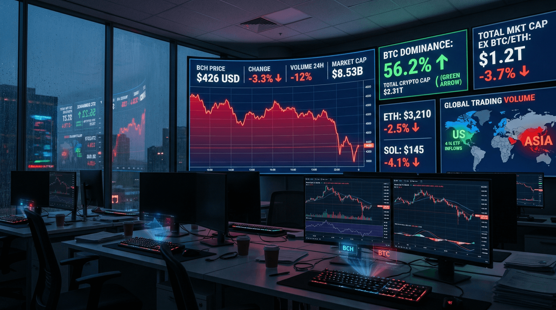 Bitcoin Cash Falls 3.3% to $426 as Bitcoin Dominance Hits 56.2%