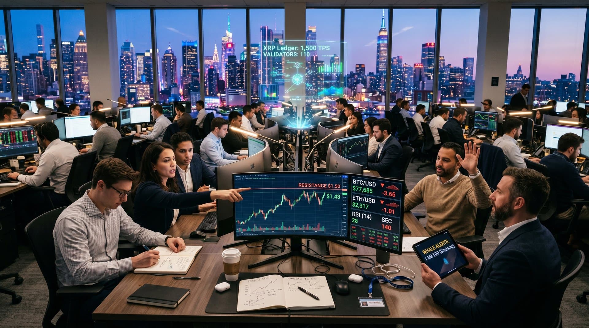 Trading floor screens show XRP at $1.43 and Fear & Greed at 31 amid market analysis