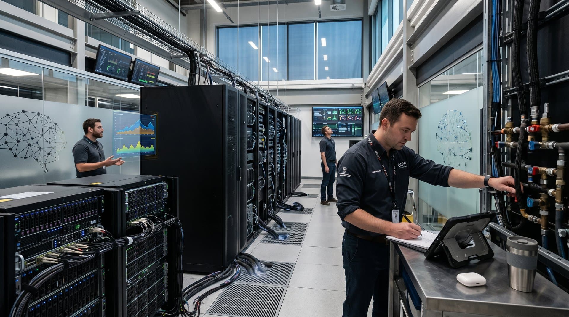 Glowing NVIDIA GPU servers in modern AI data center with neural network graphs on screens and cooling systems