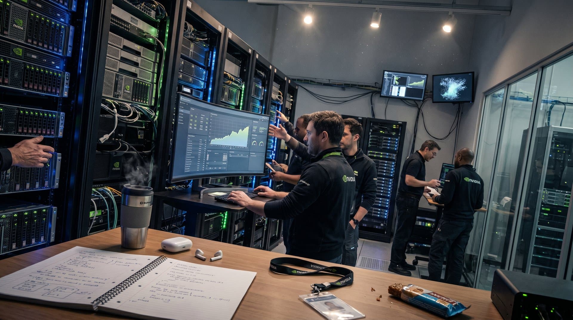 Nvidia GPUs in glowing data center with rising stock chart, AI training visuals, and dipping crypto graphs