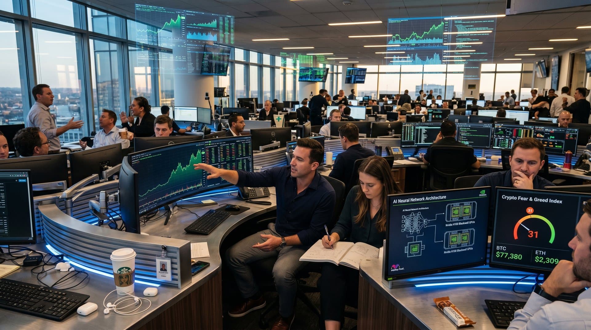 Trading screens show Nvidia AI stock rise amid Fear & Greed at 31 and Motley Fool pick in high-tech office