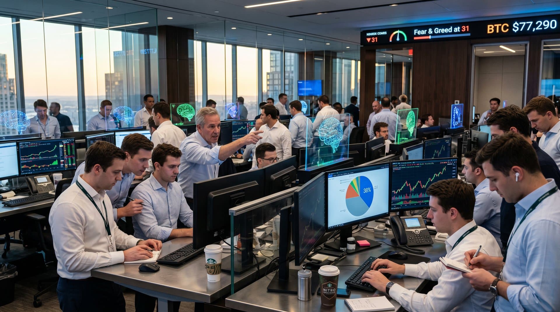 Hedge fund traders at walnut desks with multi-monitors showing Bill Ackman AI stocks charts and Bloomberg terminals in modern NYC office