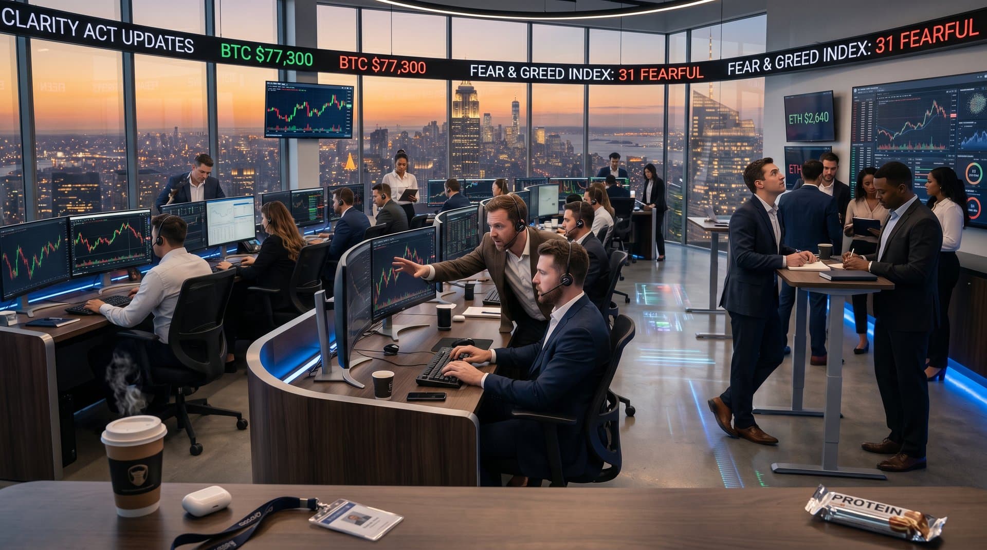 Trading screens show BTC charts and CLARITY Act news in modern finance office