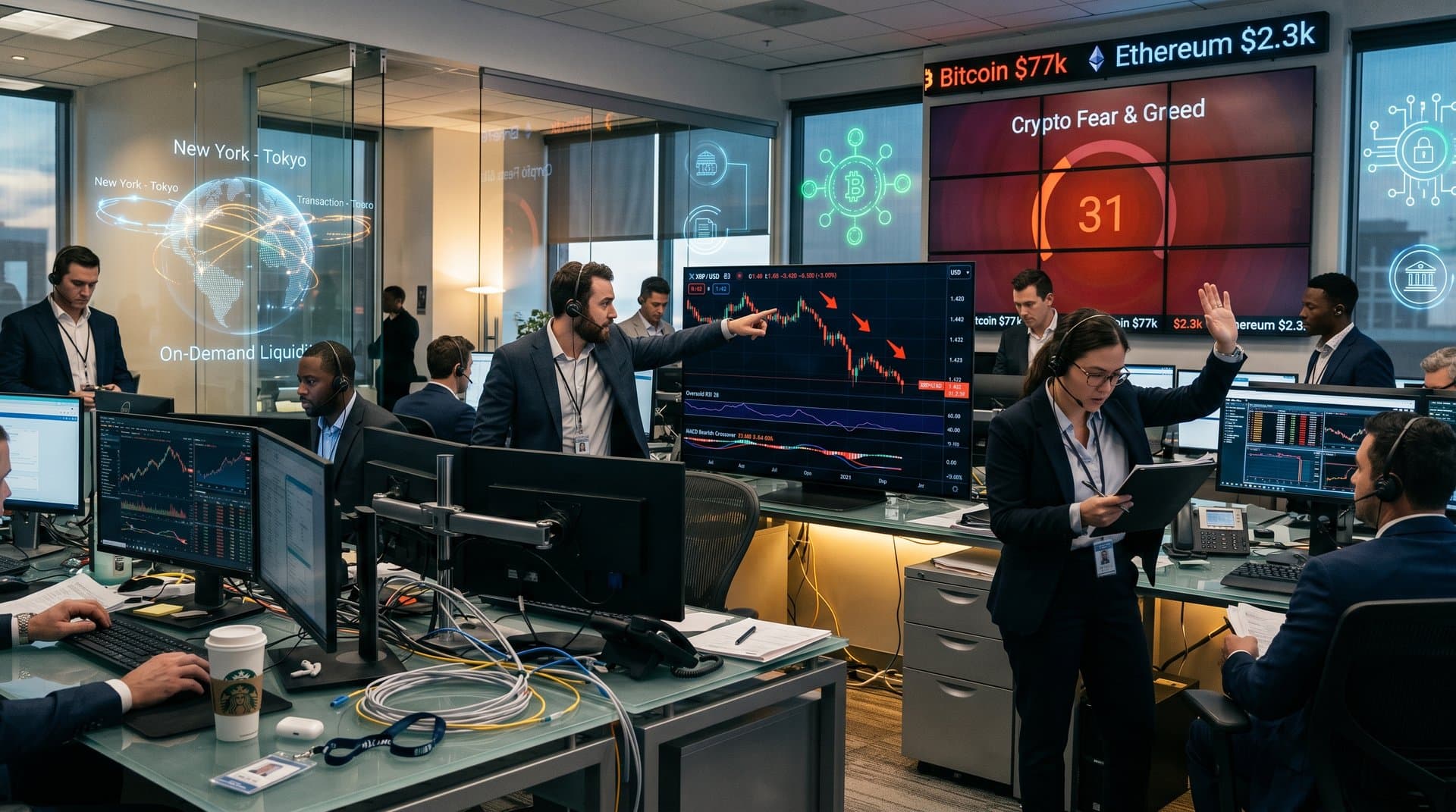 Traders monitor XRP at $1.42 amid Fear & Greed Index 31 on multi-screen fintech setups