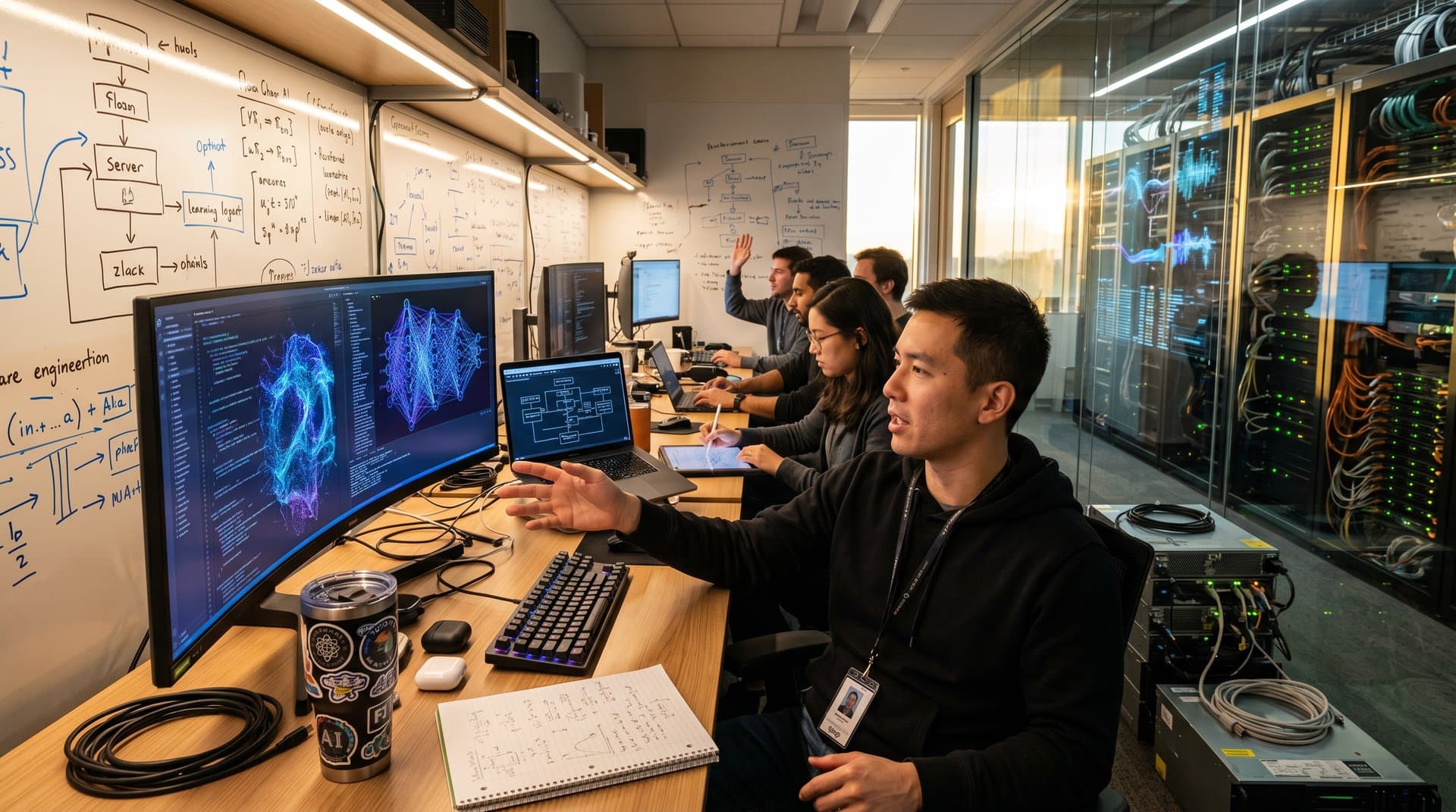 Futuristic AI lab with neural networks, code, and stock surge charts in Google ecosystem