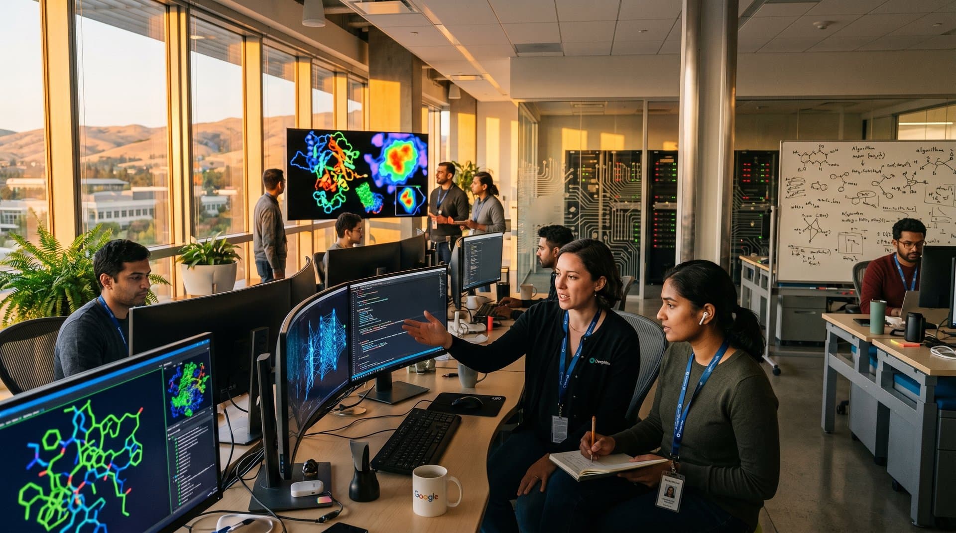 AI-driven molecular simulations and neural networks on monitors in sleek Google DeepMind lab; large screen shows protein folding amid modern tech environment