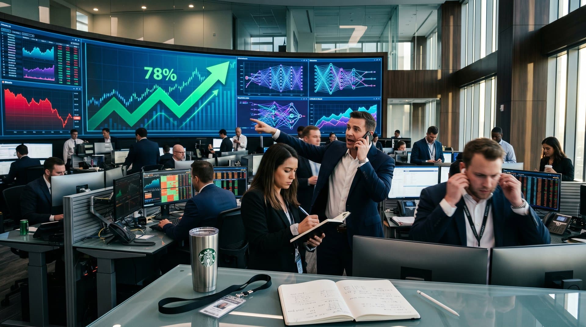 Futuristic visualization of C3.ai AI stock 78% surge with Google Cloud, Gemini neural networks, and tech boom energy contrasting crypto dip