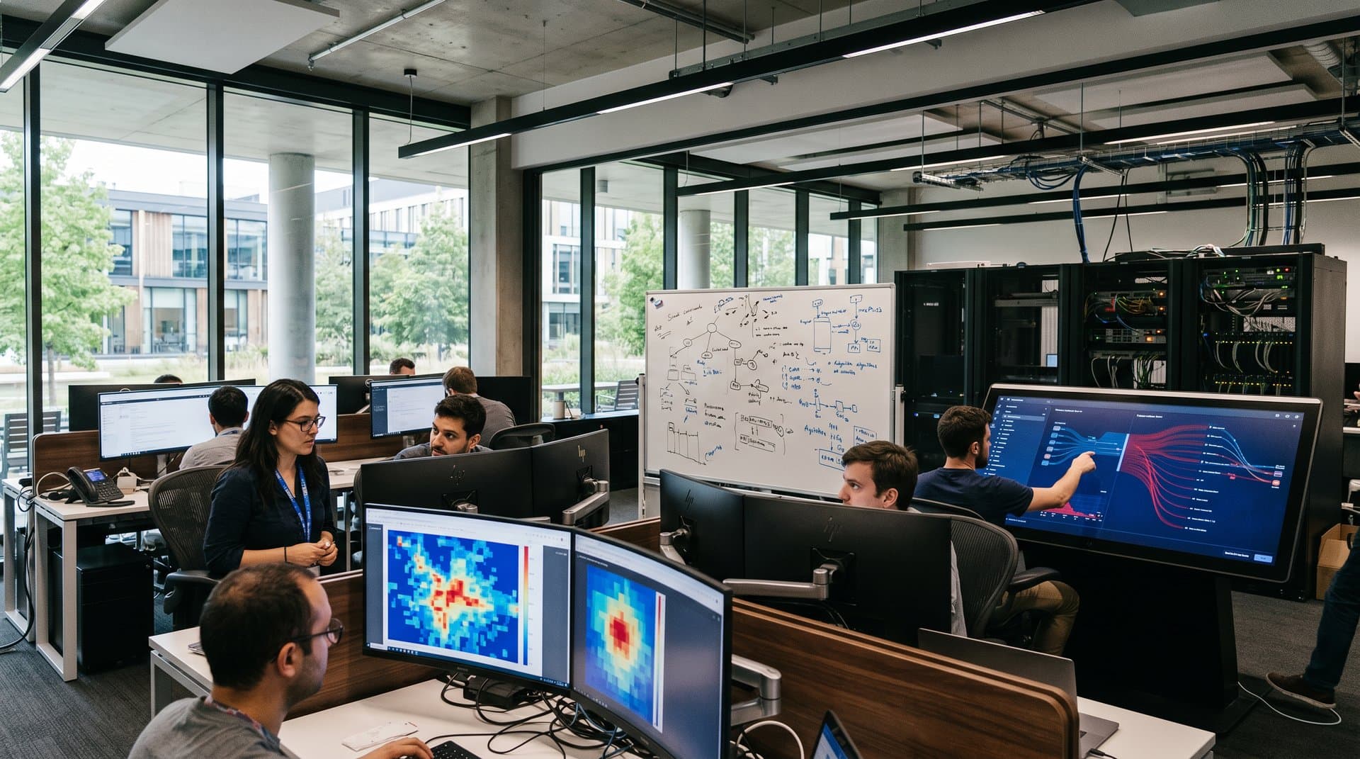Engineers at multi-monitor desks analyze AI cybersecurity visuals in modern Google DeepMind lab with glass walls and premium furnishings