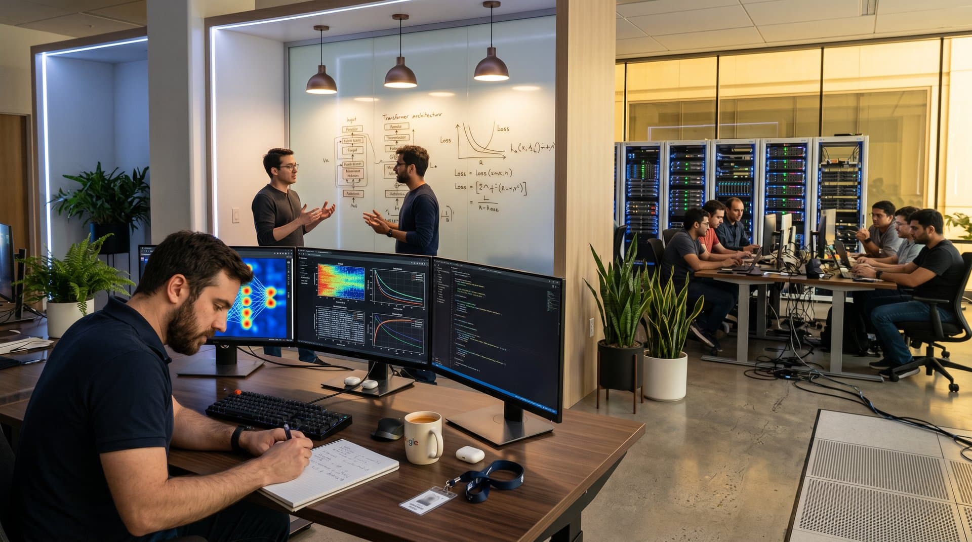 High-tech Google AI lab: monitors display neural networks and code, whiteboard sketches transformers, server racks glow with LEDs in modern setting