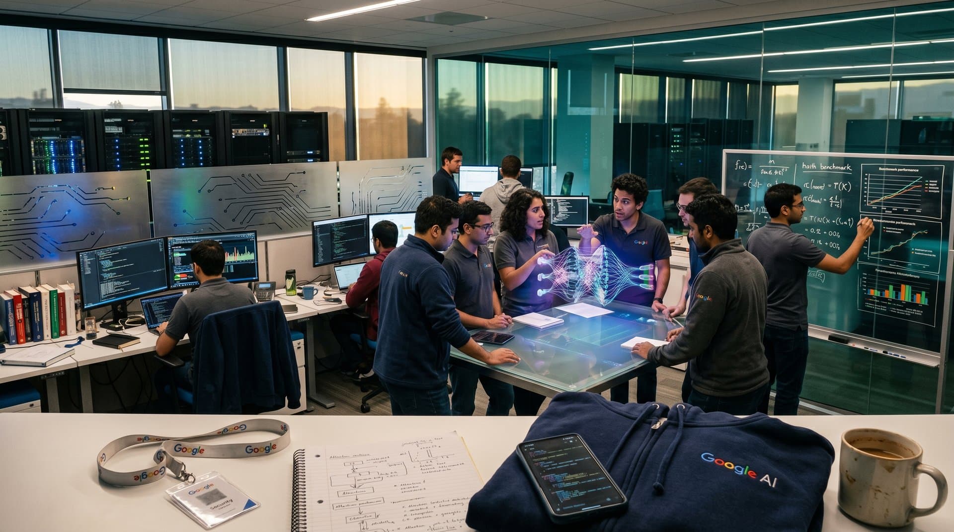 Futuristic Google AI lab with server racks, multi-monitors showing neural networks, holographic displays, and sunlit modern workspace