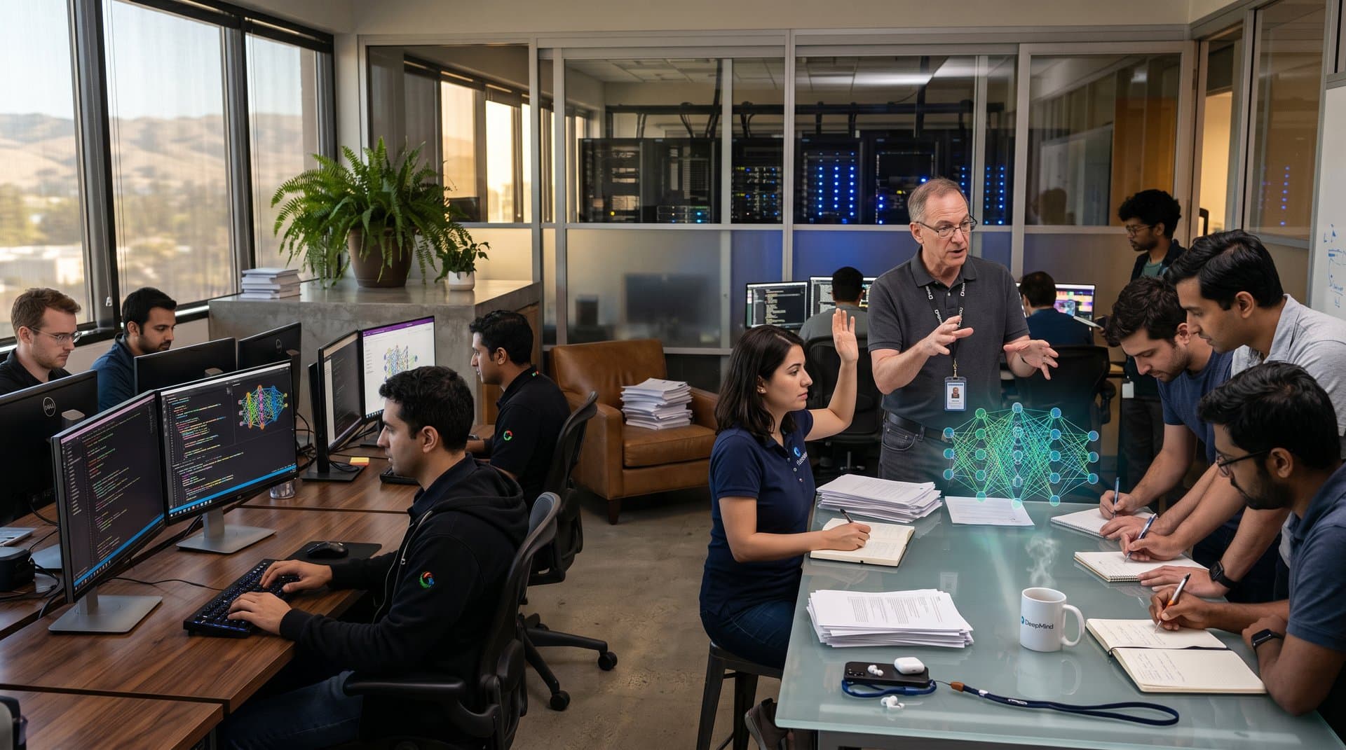 Futuristic AI lab with glowing neural networks on screens, holographic projections, server racks, and modern tech setup under natural light