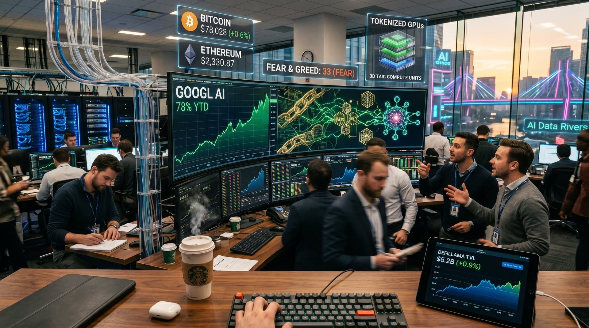 Futuristic trading screens show Google AI stock 78% surge merging with blockchain and neural networks in cyberpunk tech lab