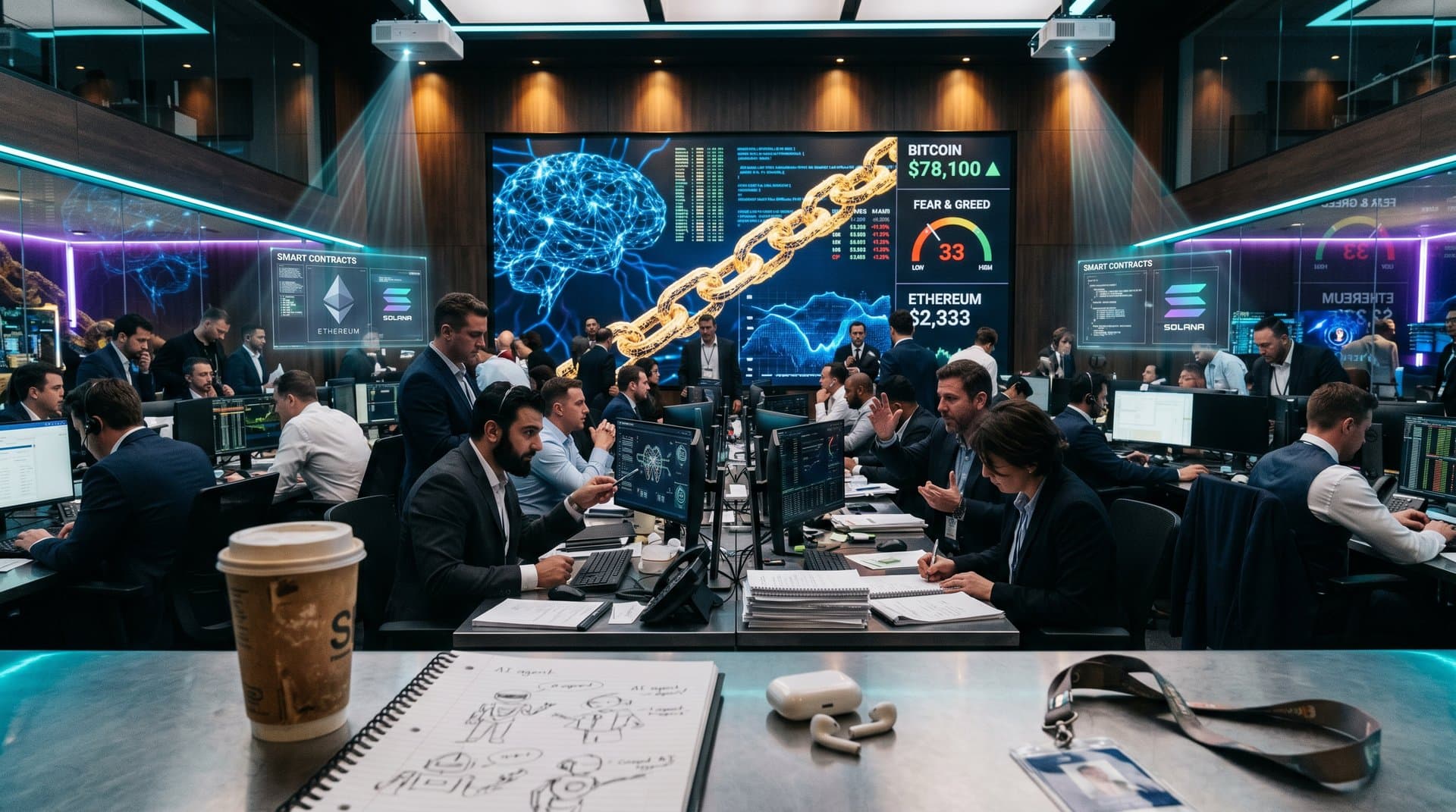 Abstract glowing fusion of AI neural networks, blockchain chains, crypto price charts with BTC at $78,100, and Fear & Greed gauge at 33