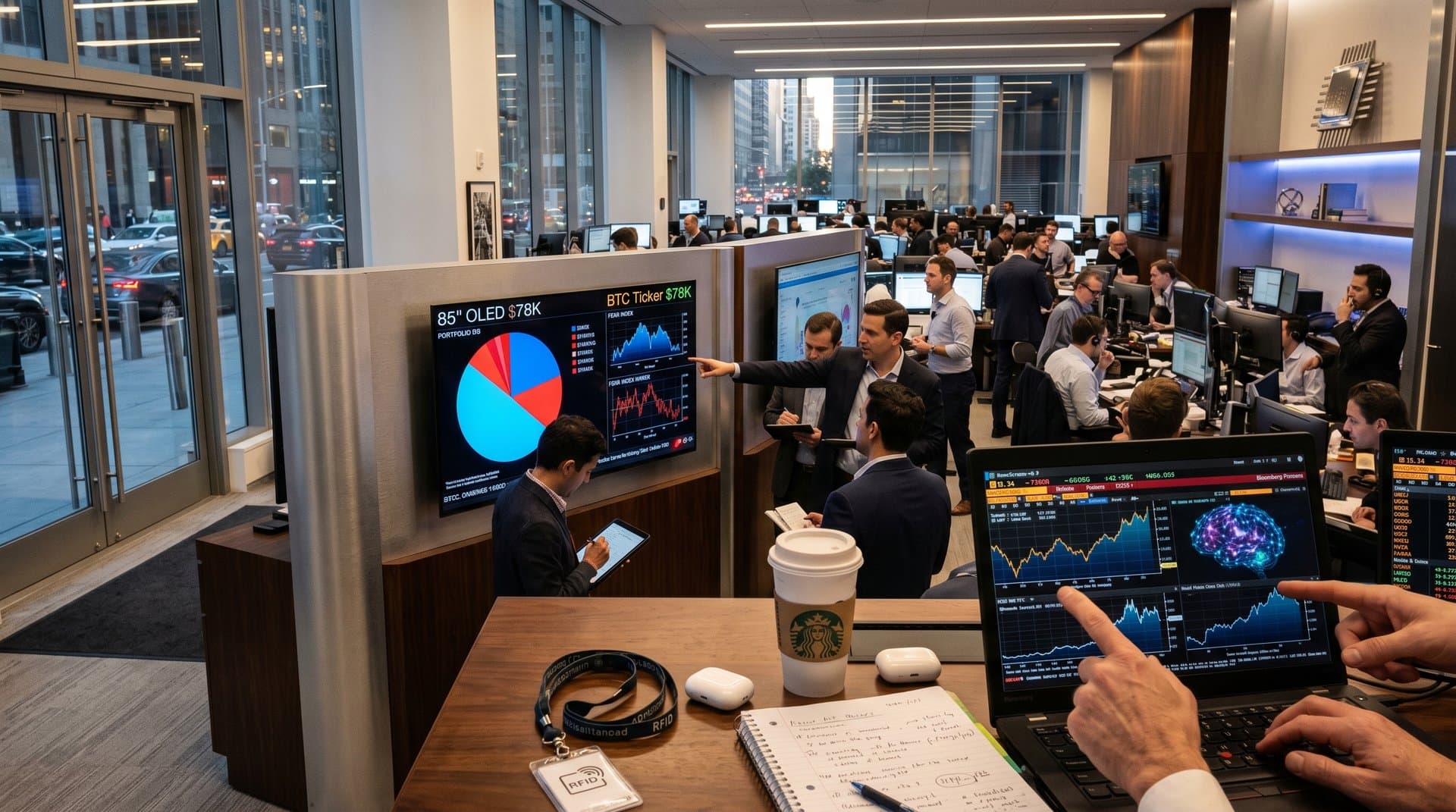 Portfolio manager analyzes AI charts on Bloomberg terminals amid bustling hedge fund trading floor with analysts and multi-screen desks
