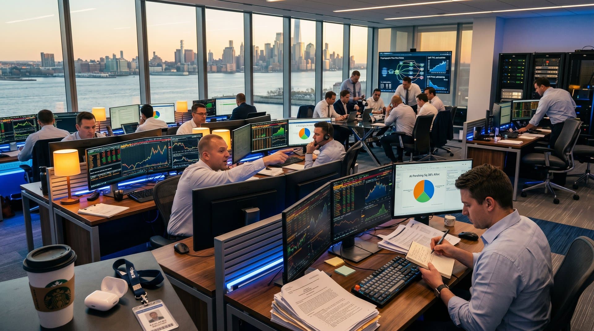 Hedge fund traders at walnut desks with Bloomberg terminals tracking Bill Ackman AI stocks and crypto prices like BTC amid Manhattan skyline view