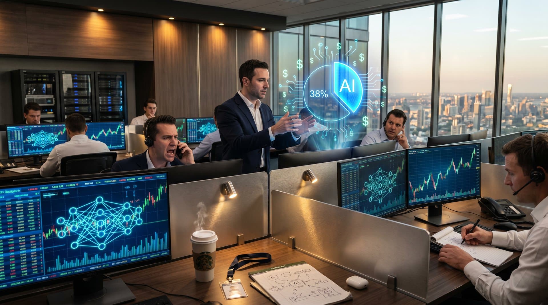 Neural network and stock charts illustrating Bill Ackman AI investment in hedge fund portfolio