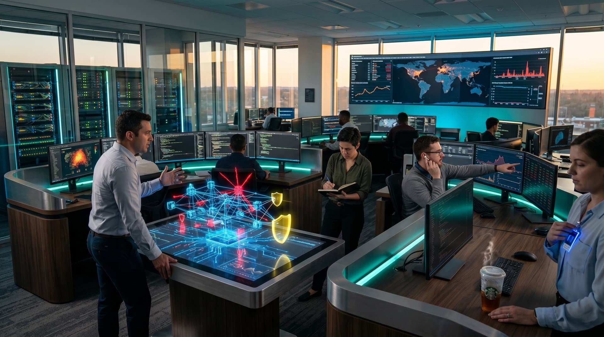 Cybersecurity analysts review AI threat dashboards on multi-monitor arrays in high-tech operations center
