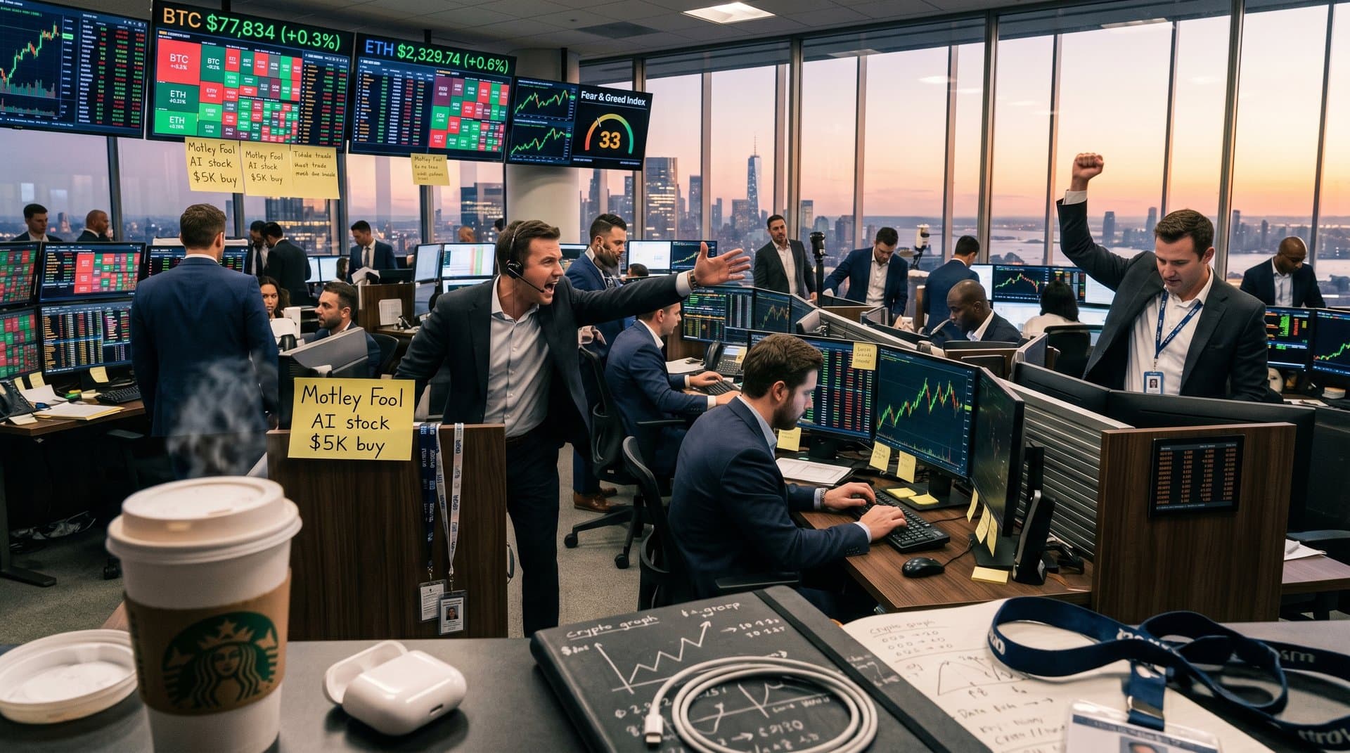 Trading floor screens show AI stocks, BTC at $77,834, Fear & Greed 33 amid market activity