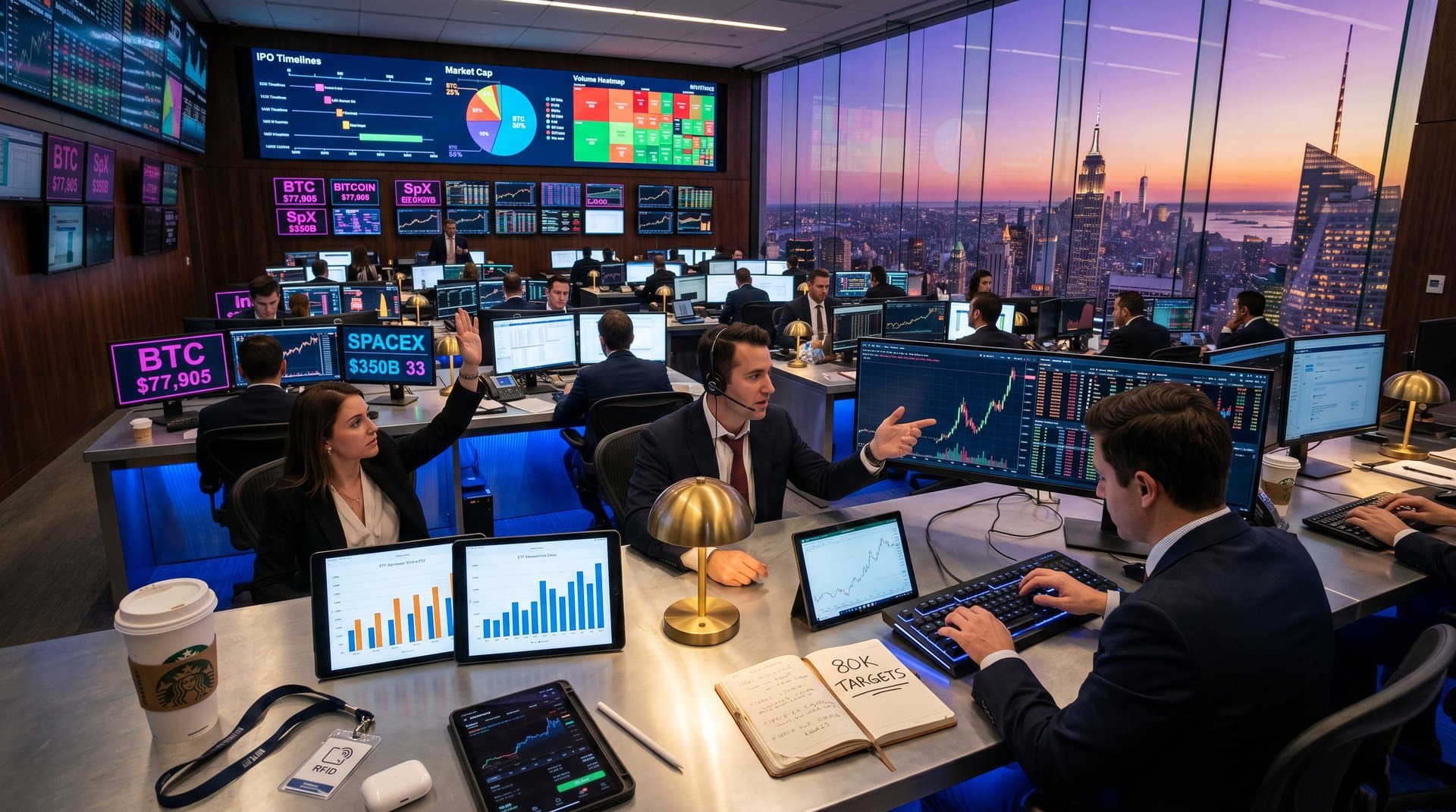 Traders monitor Bitcoin at $77,905 and SpaceX charts on trading floor screens