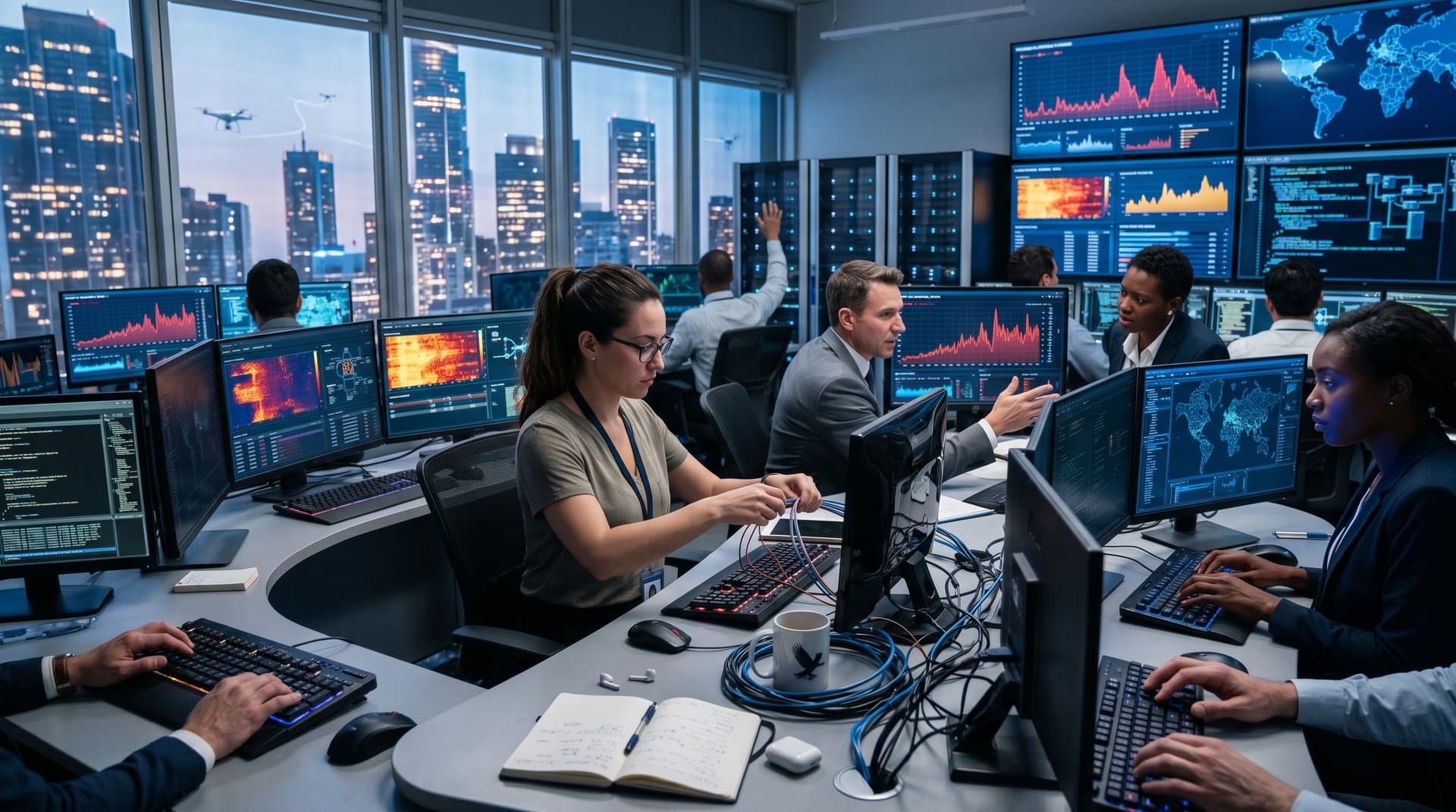 Cybersecurity team monitors AI threat dashboards on multi-screen setups in CrowdStrike's high-tech operations center