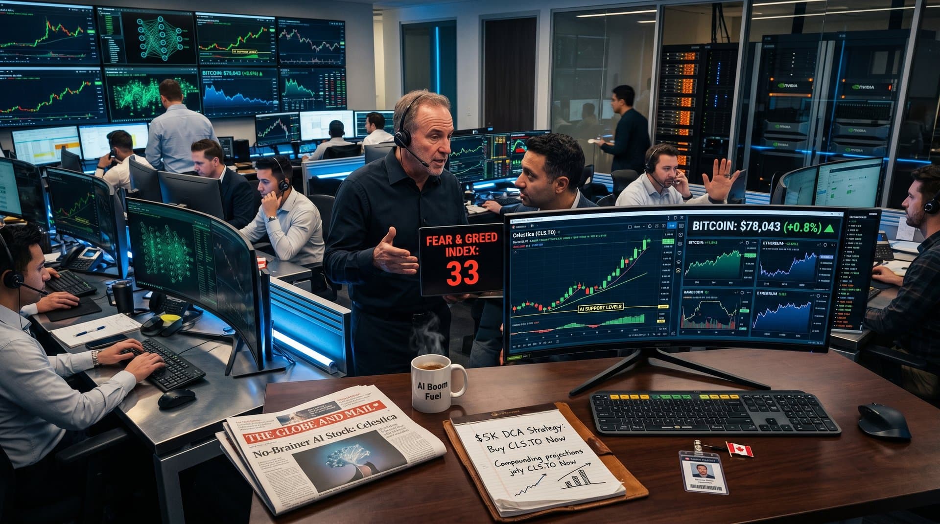 Fear & Greed Index at 33, Celestica AI stock charts, Globe and Mail on finance desk