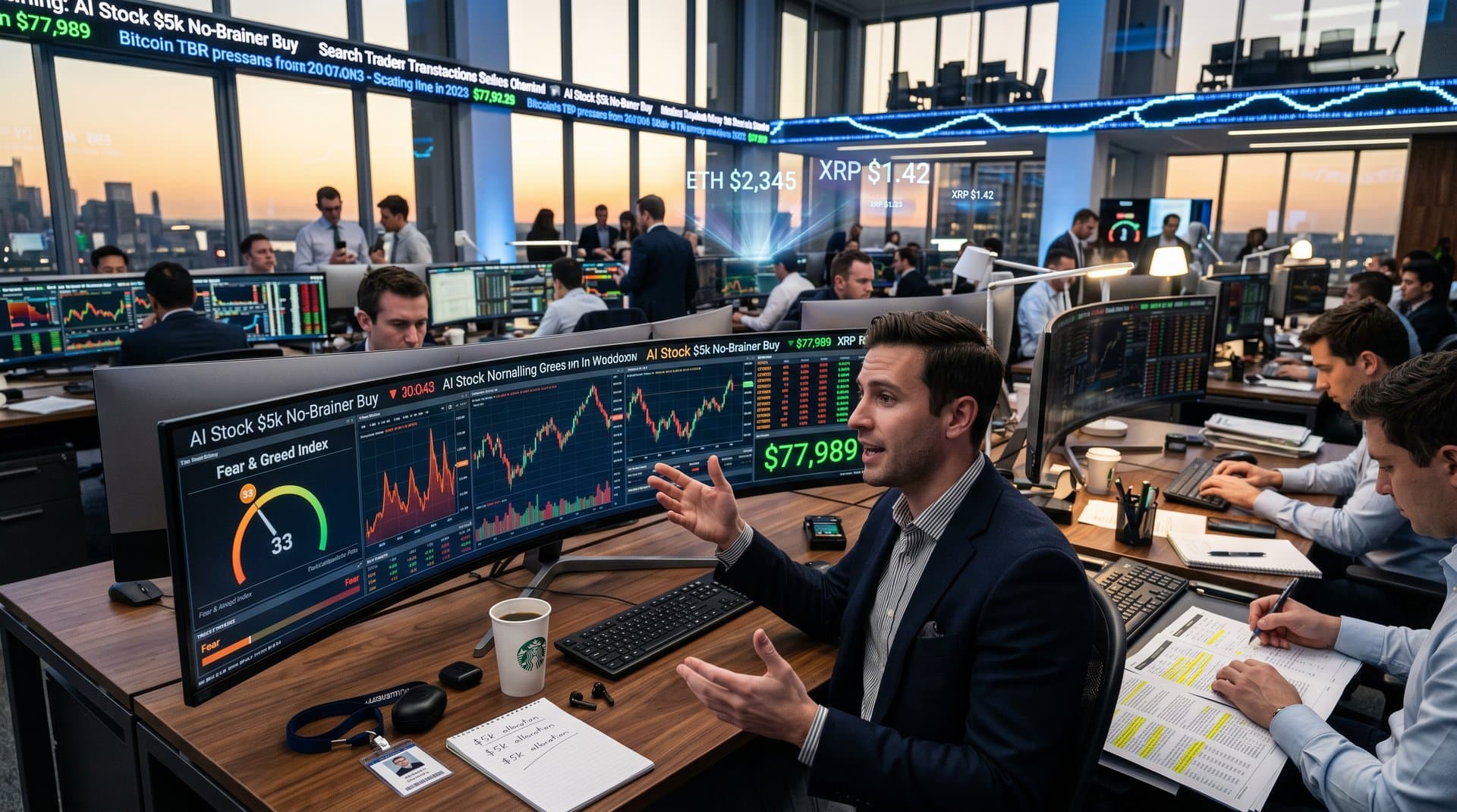 Trading desk with AI stock charts, Globe and Mail headline, Fear & Greed at 33, crypto prices, and volatility graphs in modern finance newsroom