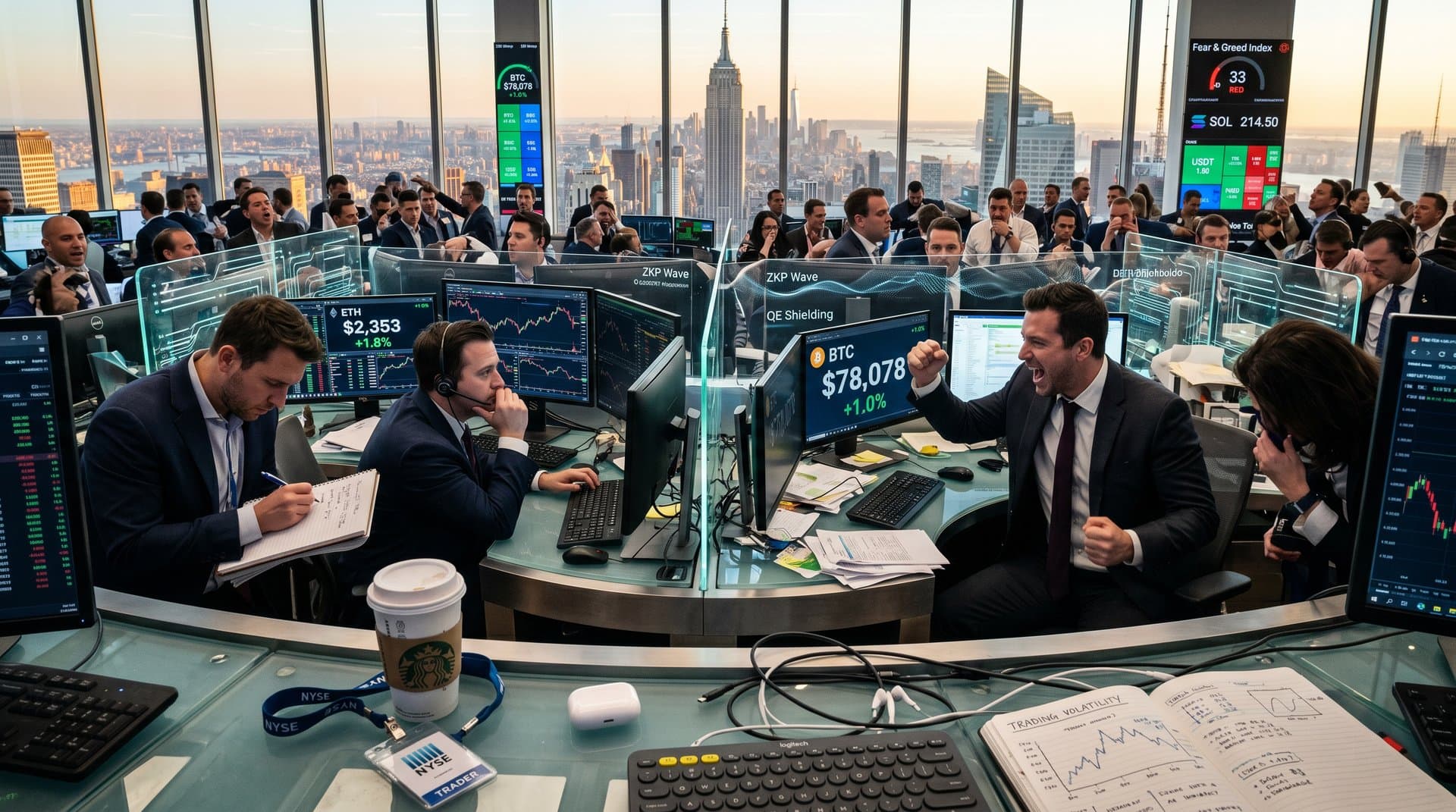 Trading floor monitors show BTC at $78,078, Fear & Greed 33, IONIX presale amid cybersecurity icons and market data