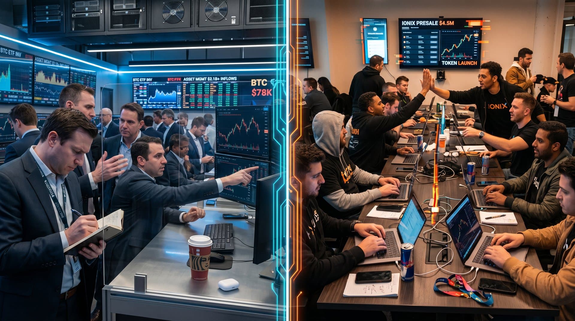 Split-screen institutional BTC ETF charts vs retail IONIX Chain presale frenzy