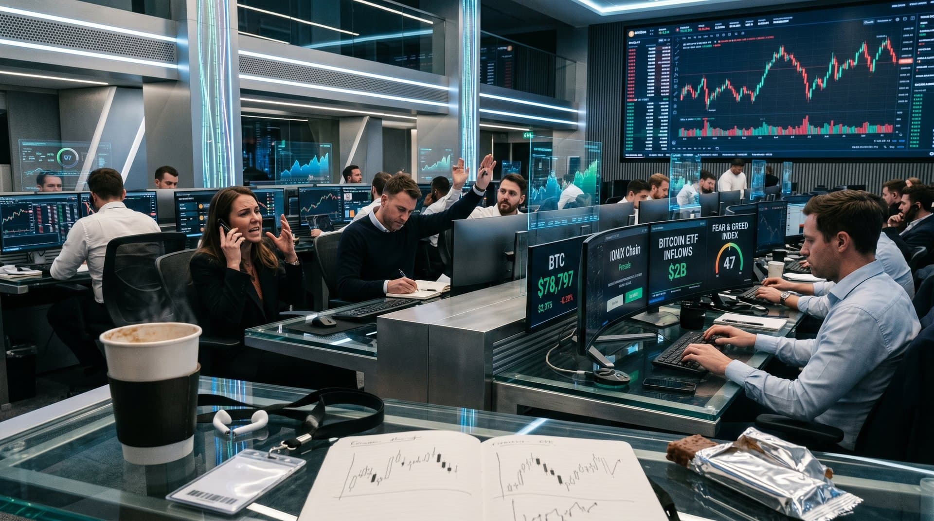 Crypto trading screens showing IONIX Chain presale, BTC prices, ETF flows, and Fear & Greed Index in neon-lit floor