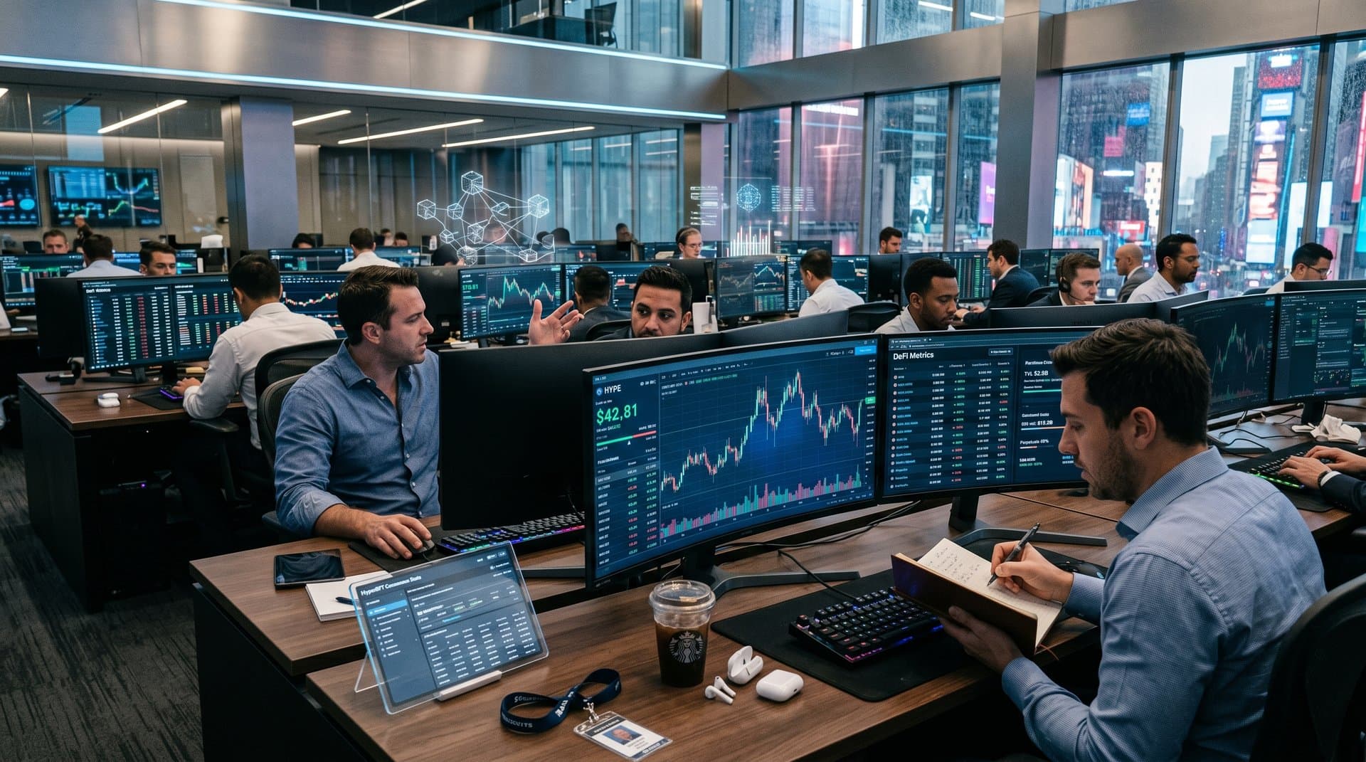 Modern trading desks with multi-monitors displaying Hyperliquid HYPE crypto charts and DeFi data, city skyline background