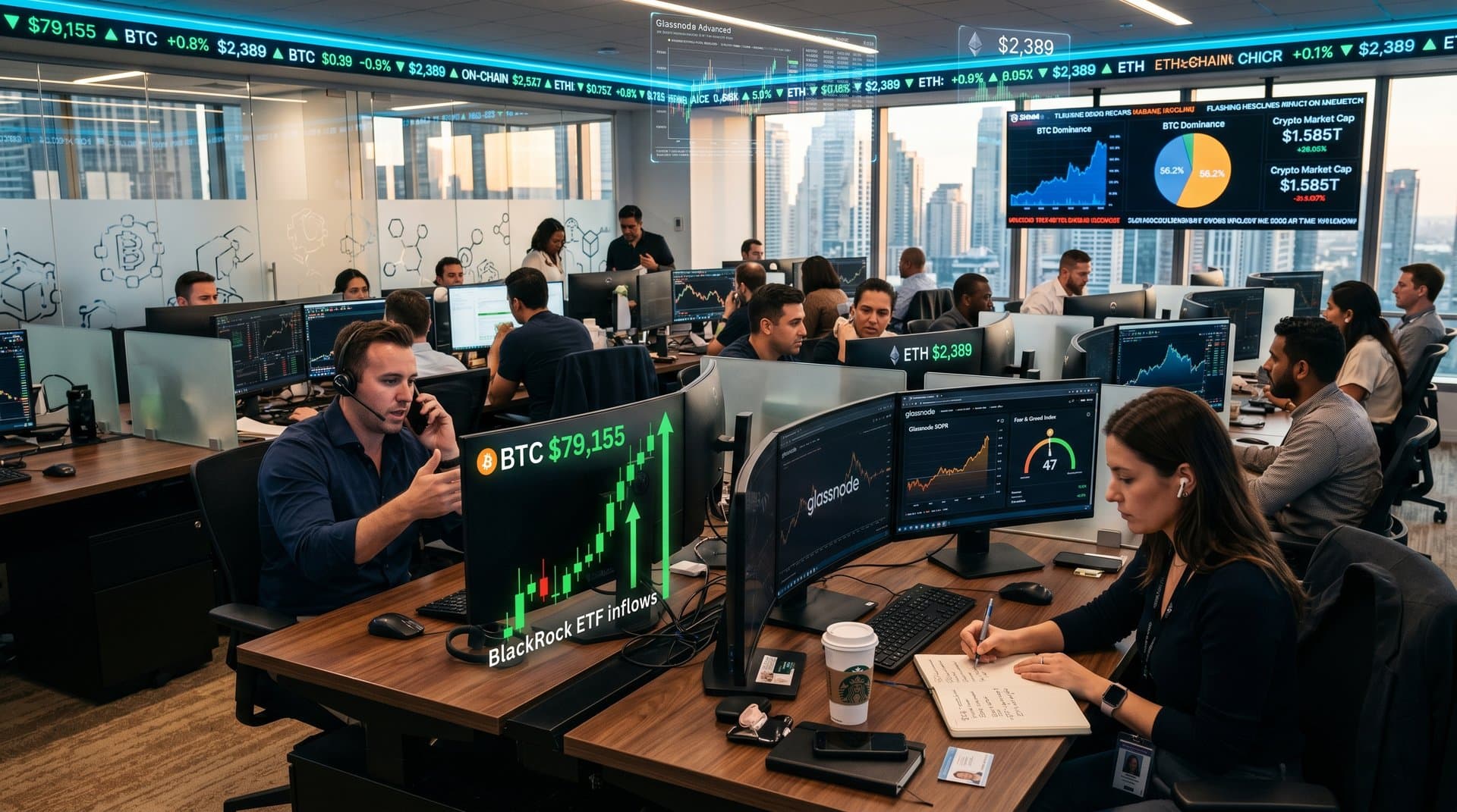 Trading screens show BTC at $79,155 USD with surging charts, ETF flows, and on-chain metrics