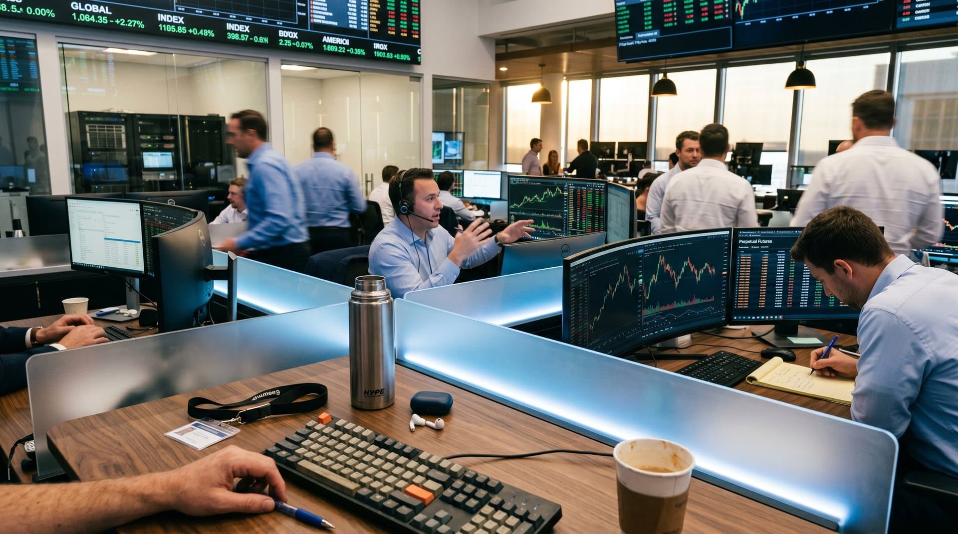 Trading desk with Hyperliquid HYPE charts on terminals amid multi-monitor setups and city skyline