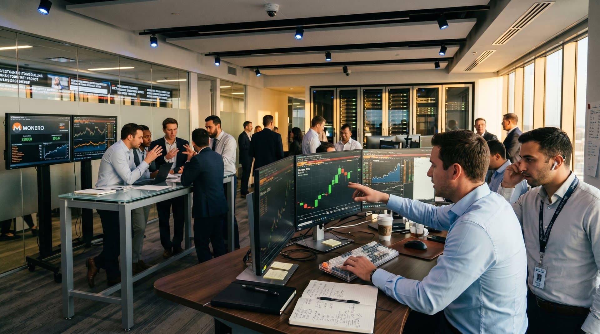 Trading floor with Bloomberg terminals showing XMR charts at $388, frosted glass partitions with fintech news, modern professional setup