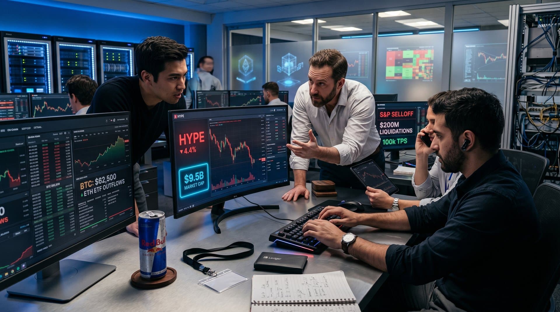 Crypto trading desks with monitors showing HYPE token price drop charts and perp DEX data in volatile market