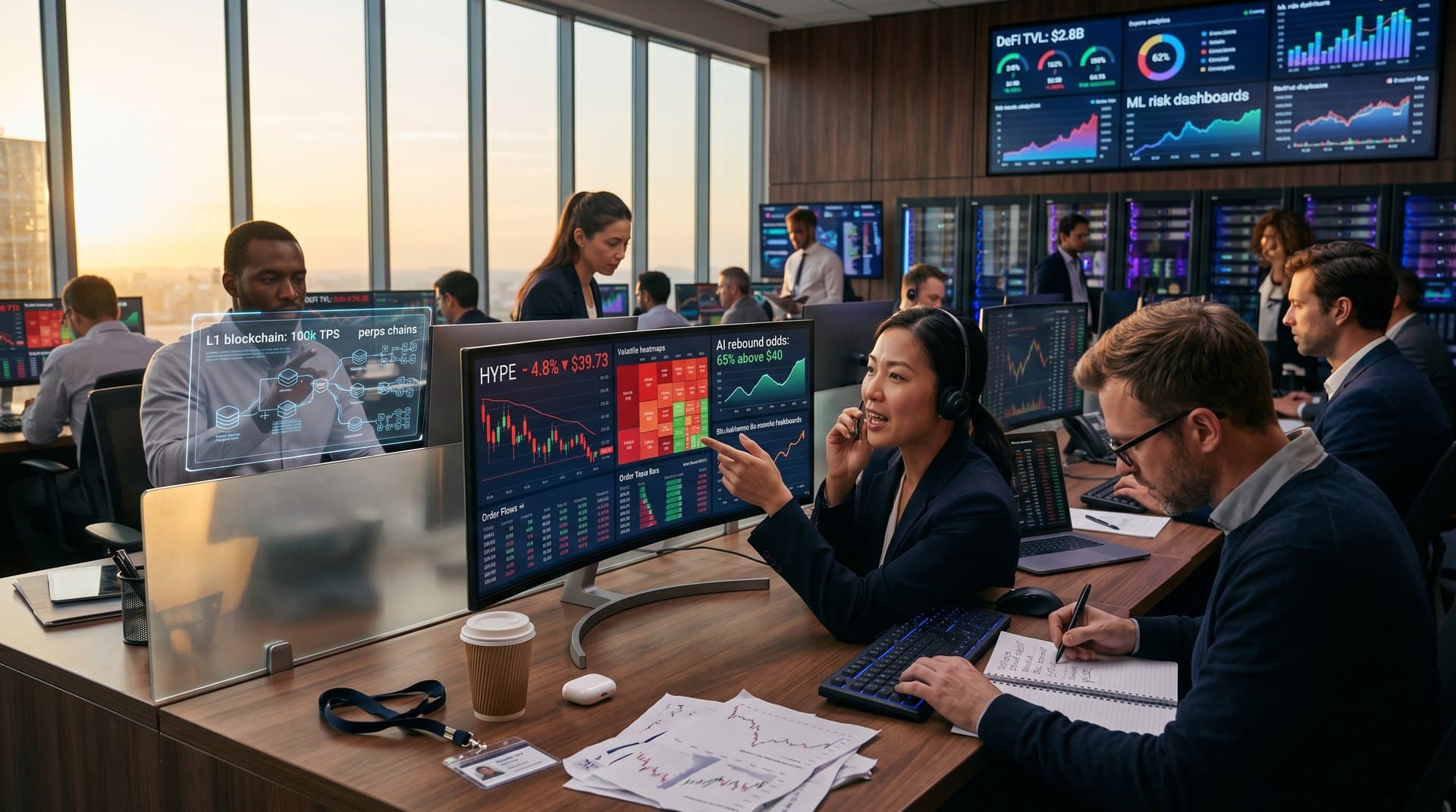 Traders monitor HYPE token dip on multi-screen setups in high-tech trading floor