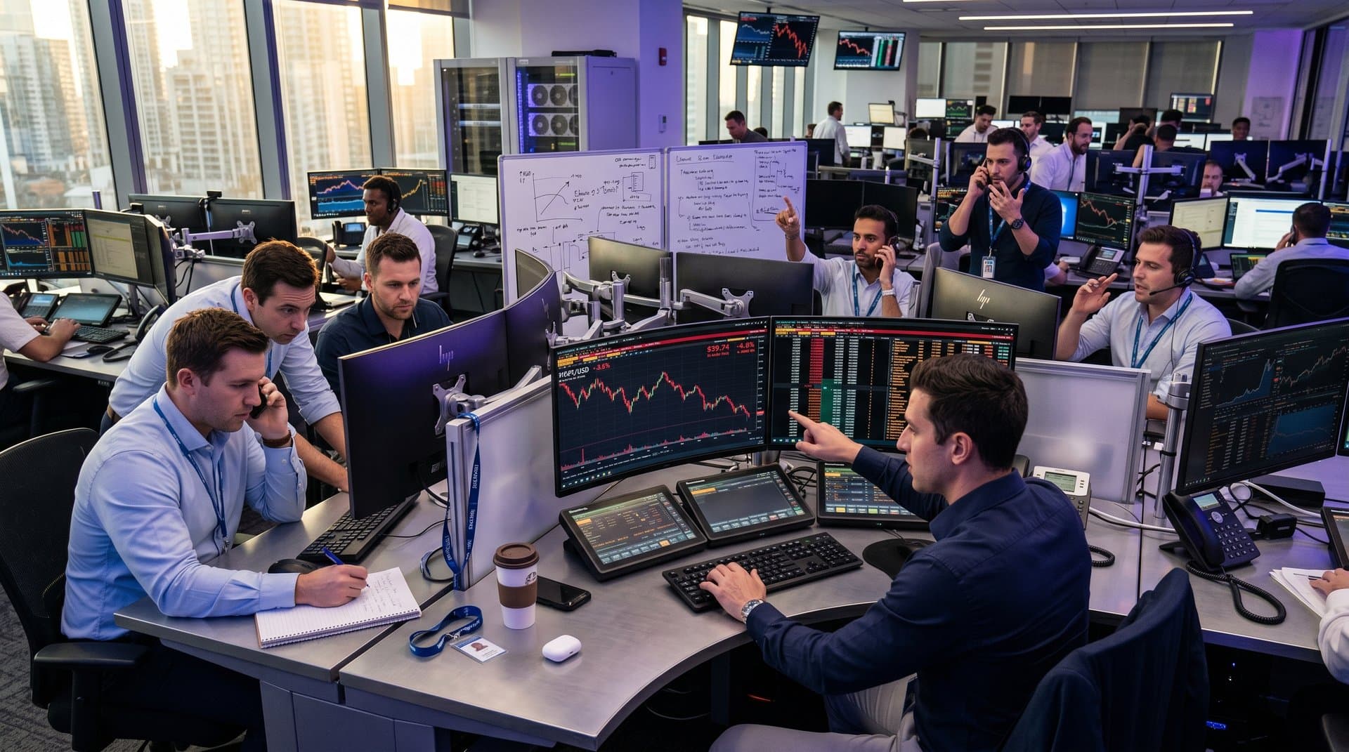 Trading desks with red Hyperliquid HYPE charts dropping on terminals amid modern floor activity