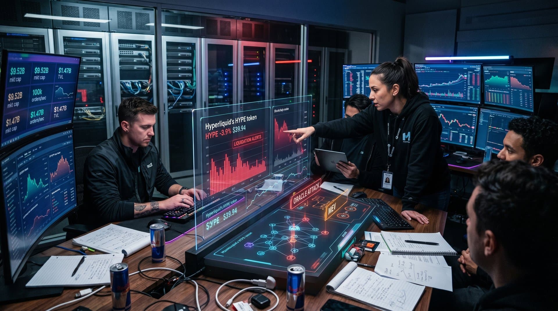 Cyberpunk dashboard shows Hyperliquid HYPE price drop and cybersecurity alerts amid volatility