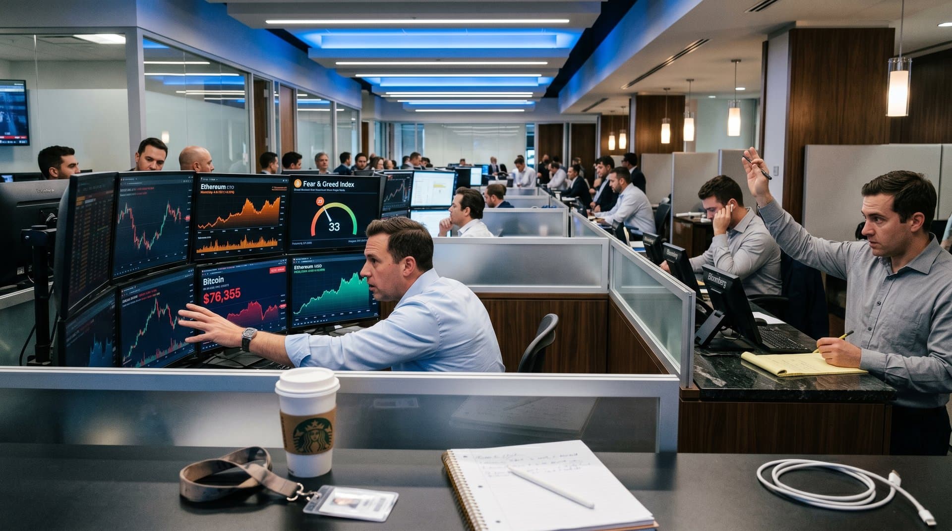 Traders on Goldman Sachs floor monitor Bitcoin price charts at $76k on multi-screen setups amid LED-lit desks and glass partitions