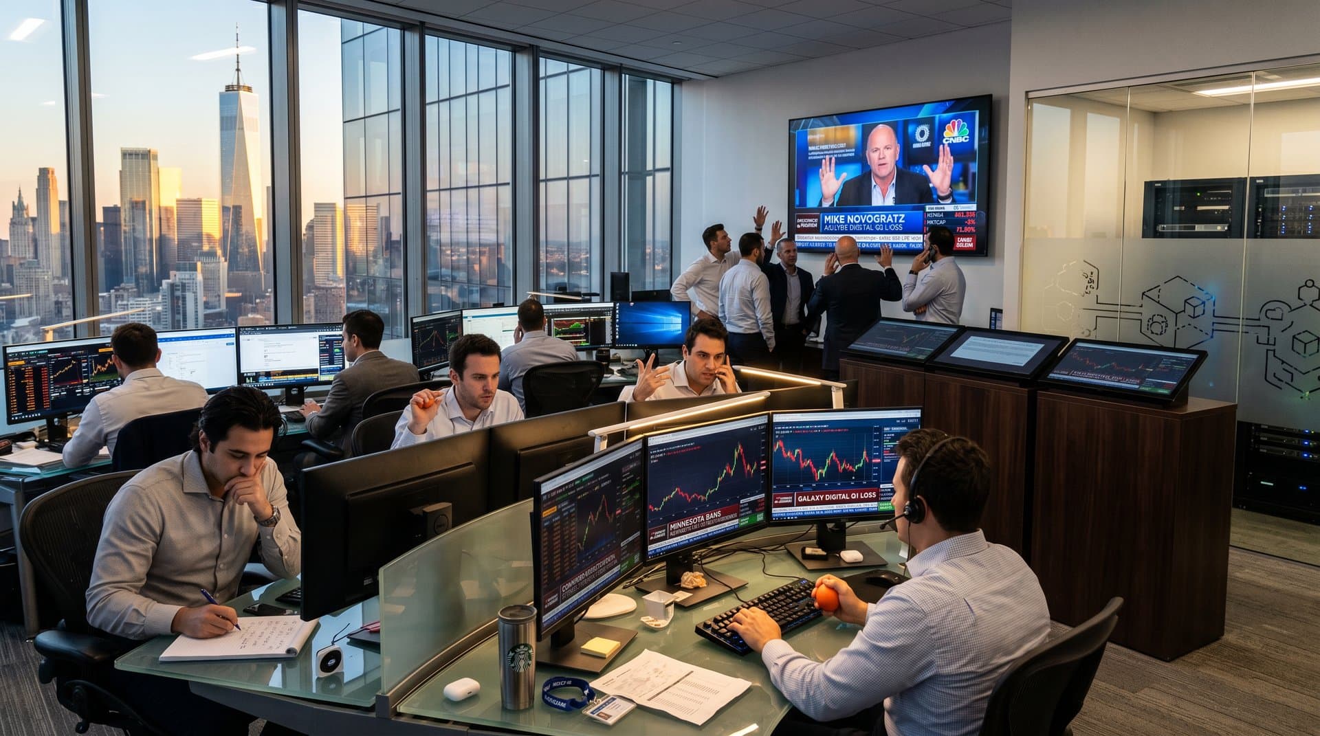 Traders monitor BTC $76K charts on trading floor amid regulatory news, multi-screens with terminals and skyline view