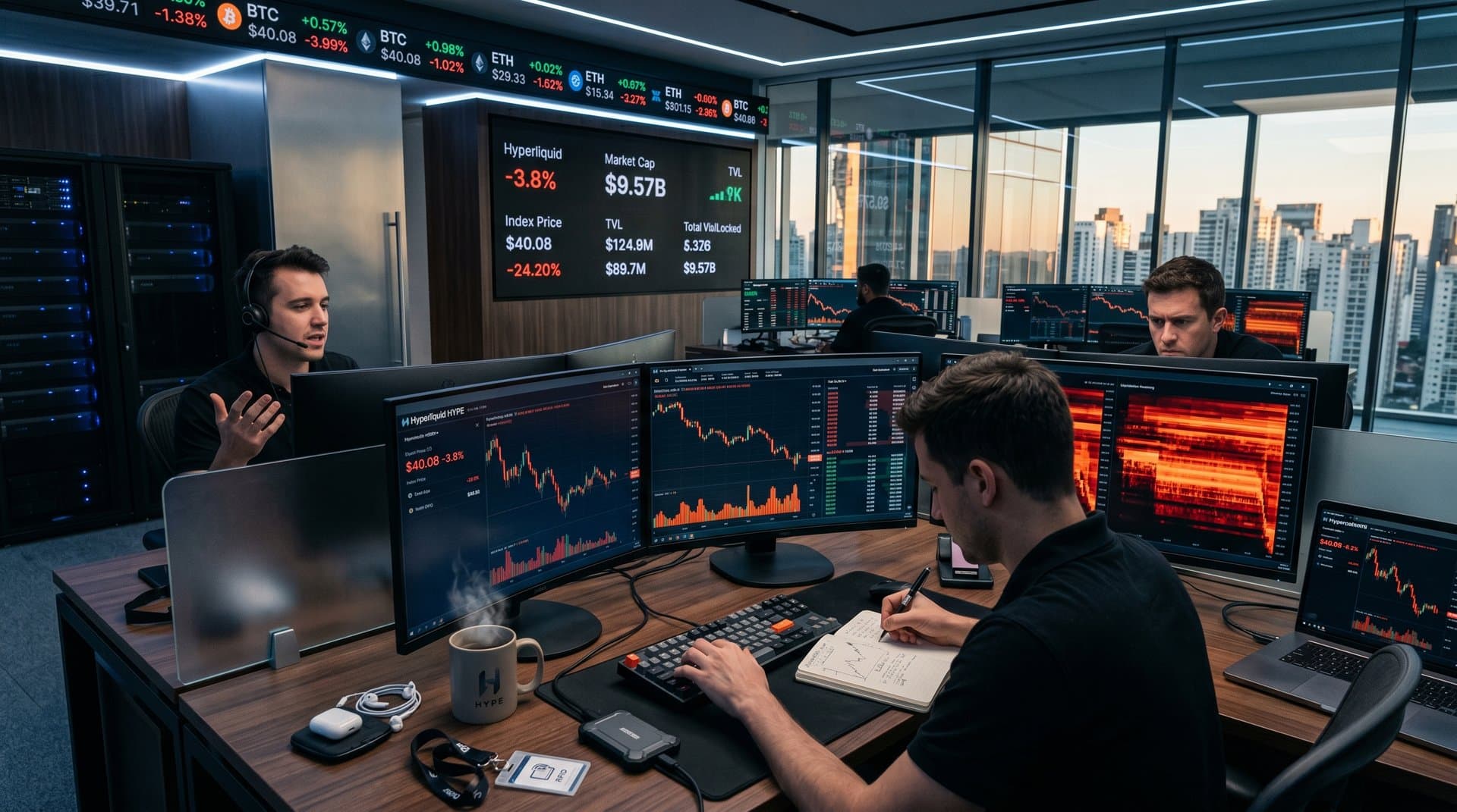 Crypto trading desk with Hyperliquid HYPE charts, order books, and city skyline