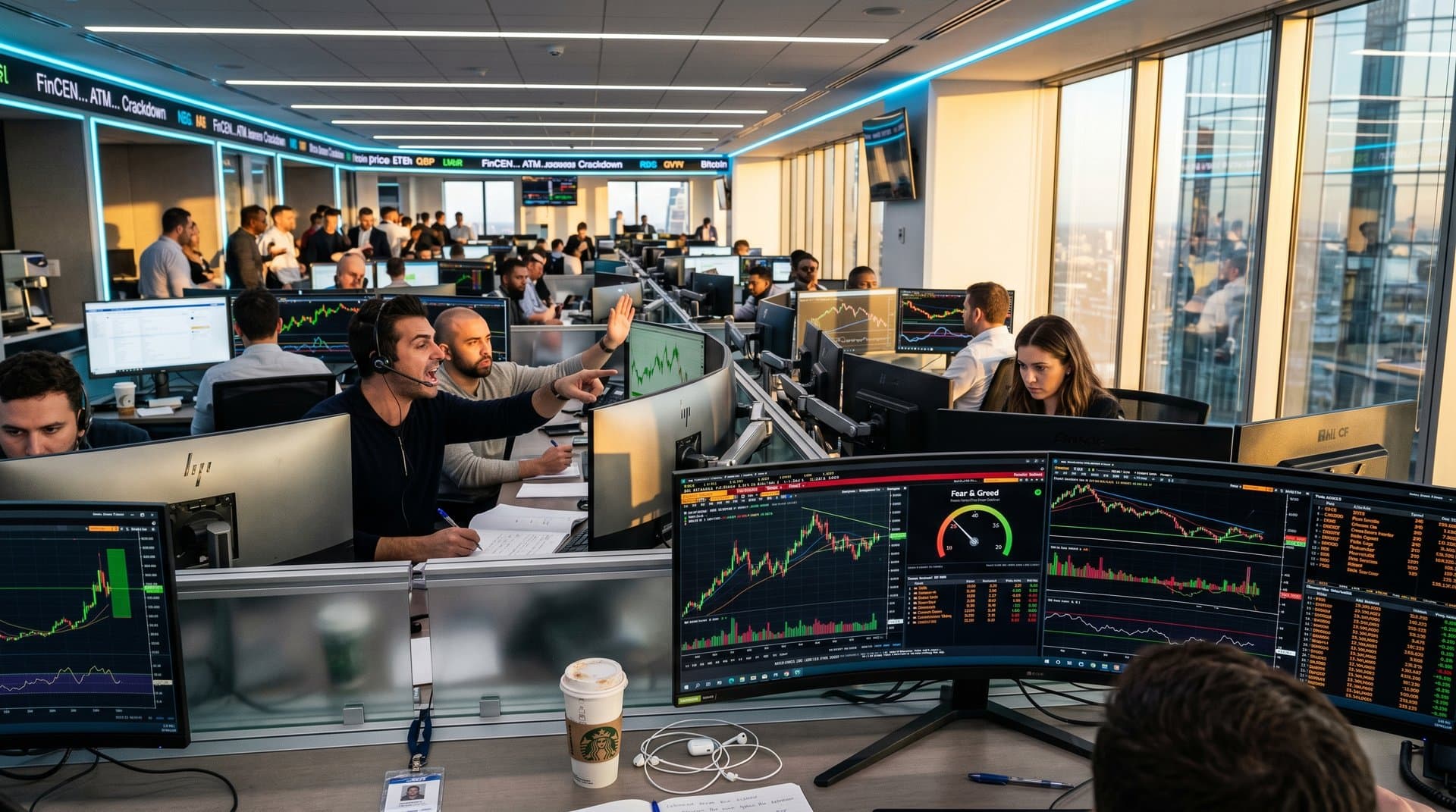 Traders monitoring Ethereum charts at $2,286 with Fear & Greed Index on terminals amid market data displays
