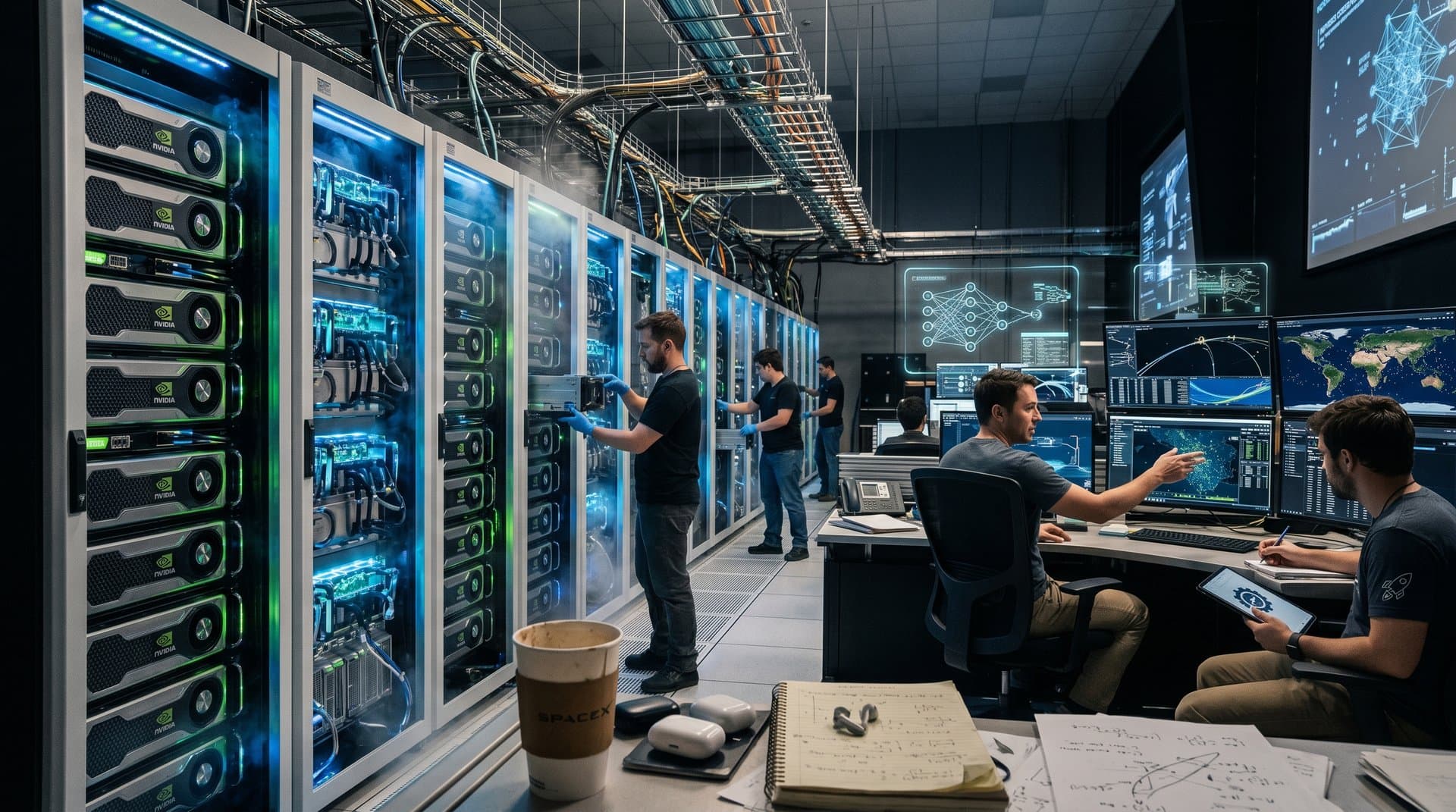Glowing Nvidia GPU servers in AI data center with simulation displays and high-tech atmosphere