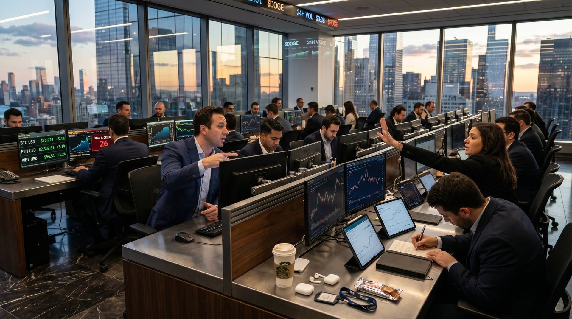 Crypto charts on trading terminals show Bitcoin $76K, WBT $54.51, Fear & Greed 26 amid market data glow