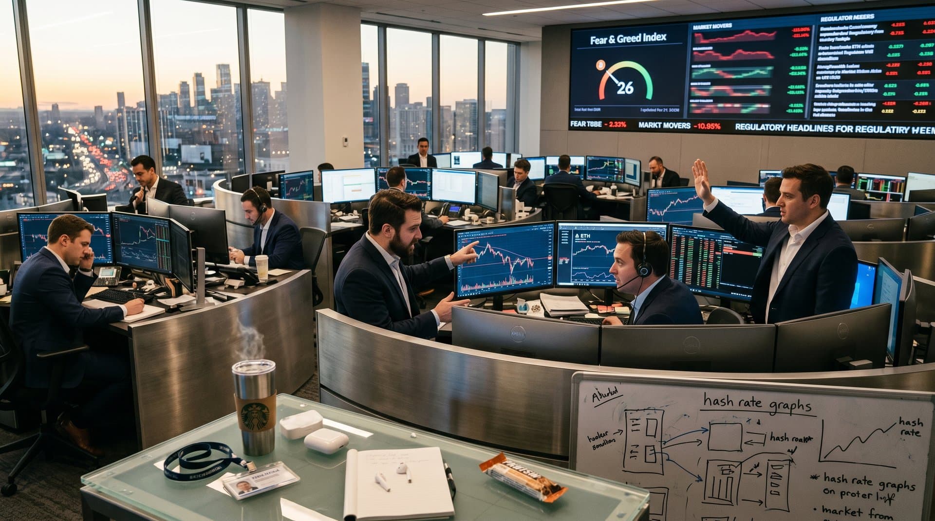 Traders monitor Bitcoin price charts on terminals amid market data screens