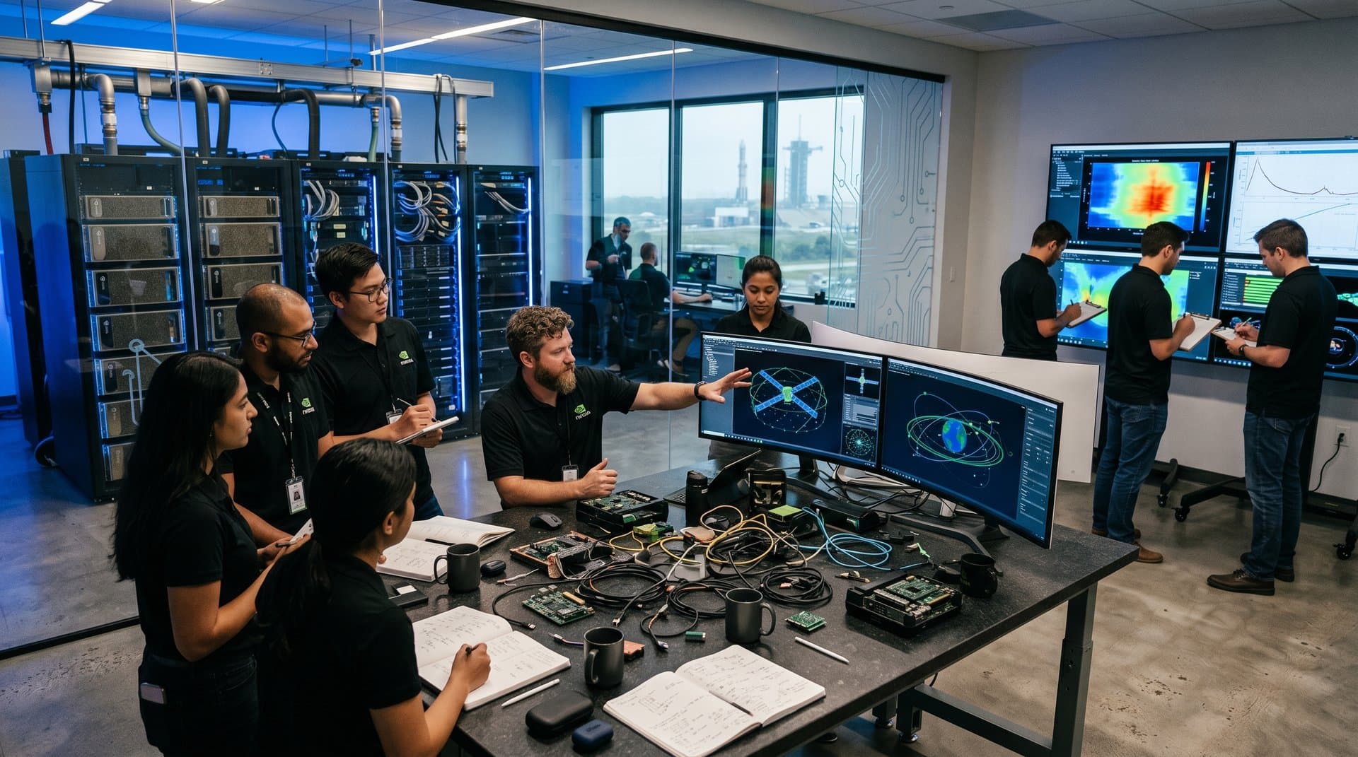 High-tech lab with Starlink and Mars AI simulations on multi-monitors amid glowing Nvidia server racks