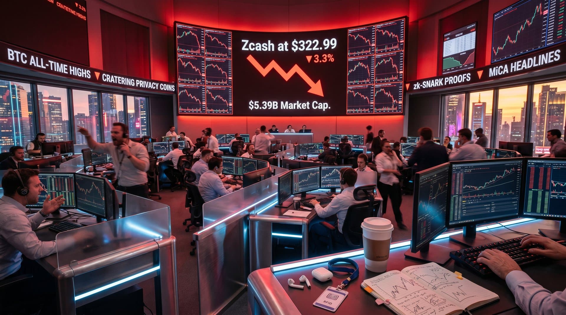 Trading floor screens display Zcash price drop to $322.99 amid crypto sell-off charts and privacy coin data