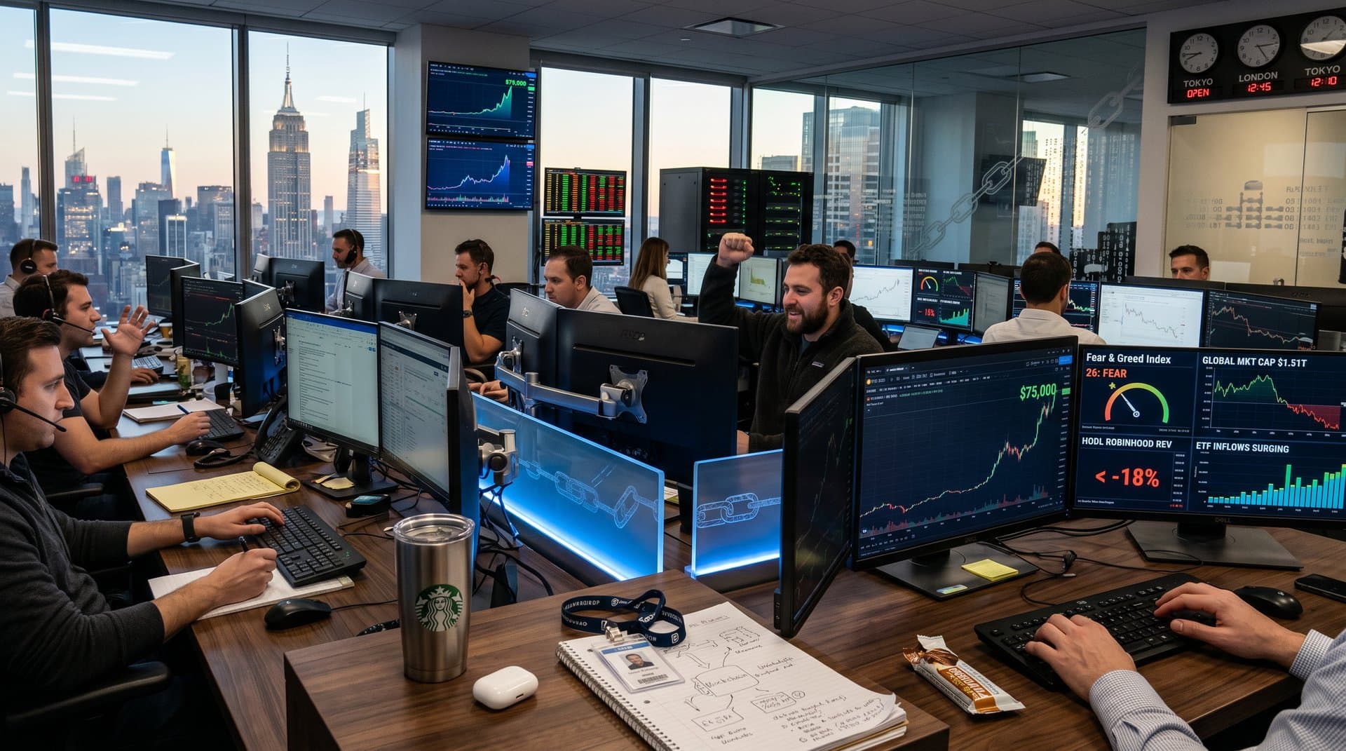 Trading floor monitors showing BTC charts at $75K, Fear & Greed Index, candlesticks, finance desks and skyline
