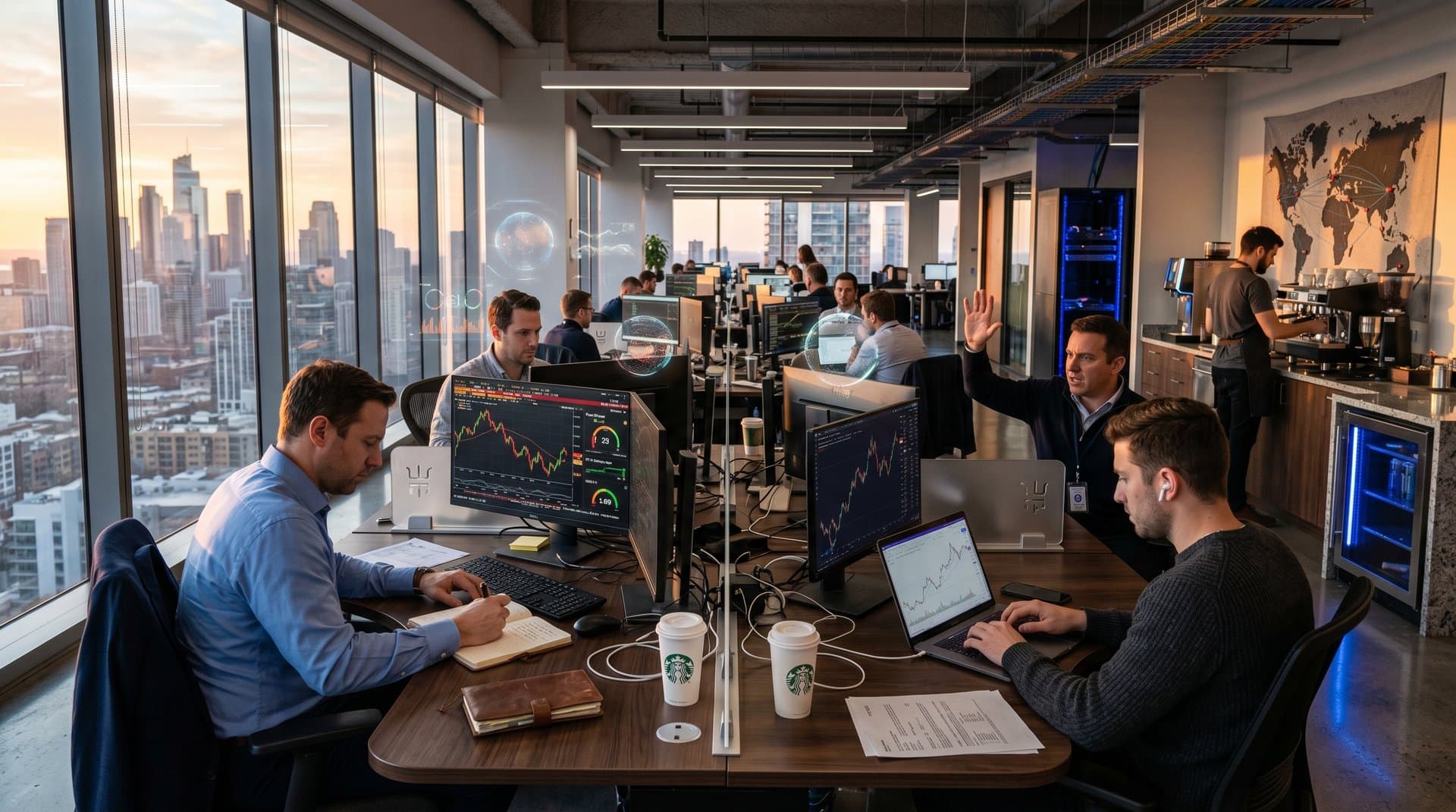 Sunlit trading floor with Bloomberg terminals displaying BTC at $75,783, Fear & Greed 29, and bullish charts in professional fintech environment