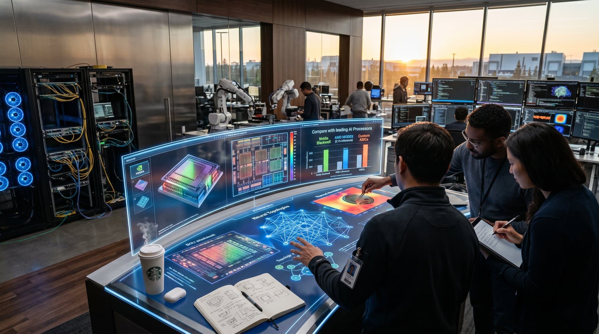 Engineers in high-tech lab designing AI chips, holographic displays of architectures, server racks in background