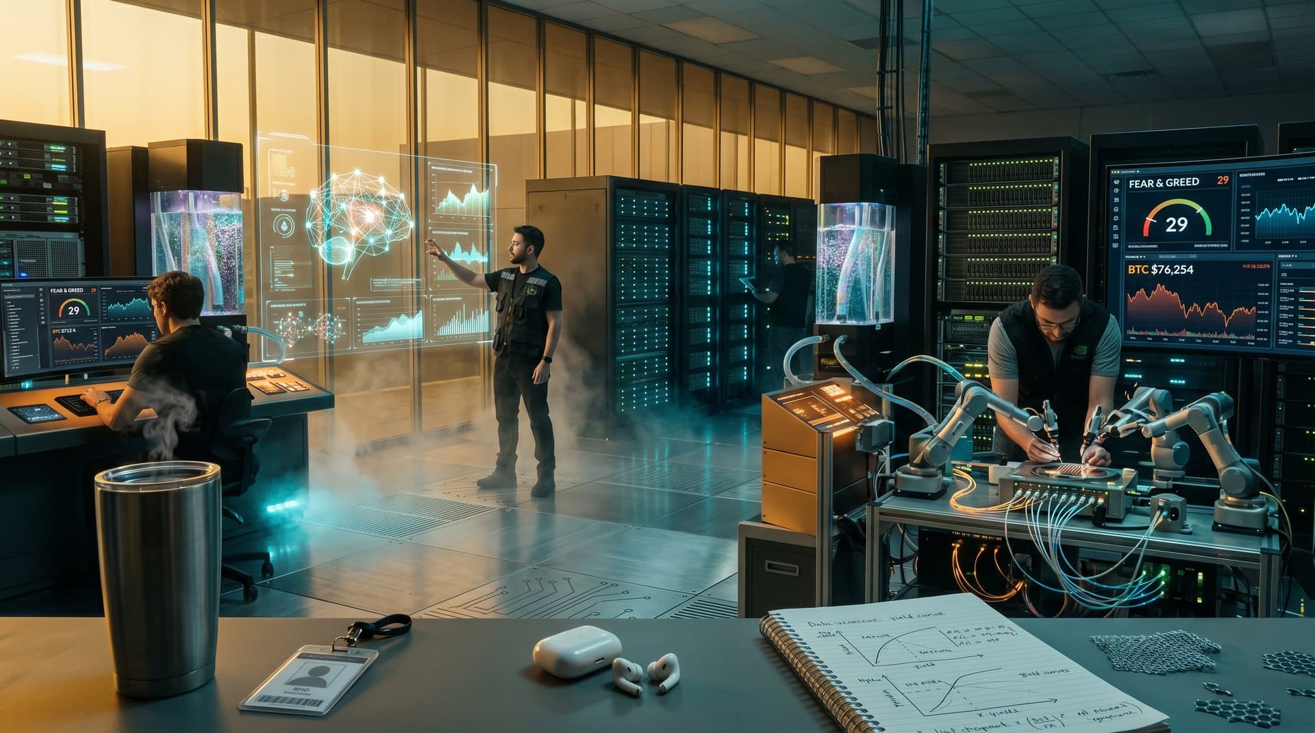 Glowing AI server racks with GPUs and accelerators, holographic metrics displays in data center